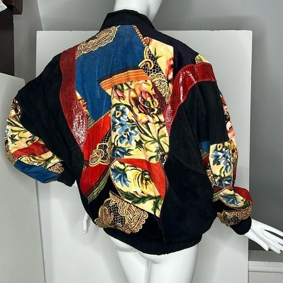 Cache Sz M Vintage Black Suede Snakeskin and Velvet Appliqué Bomber Zip Jacket - Picture 1 of 16